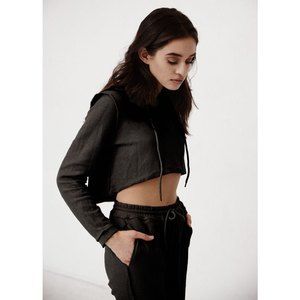 Danielle Guizo Distressed Inside Out Cropped Hoodie Black